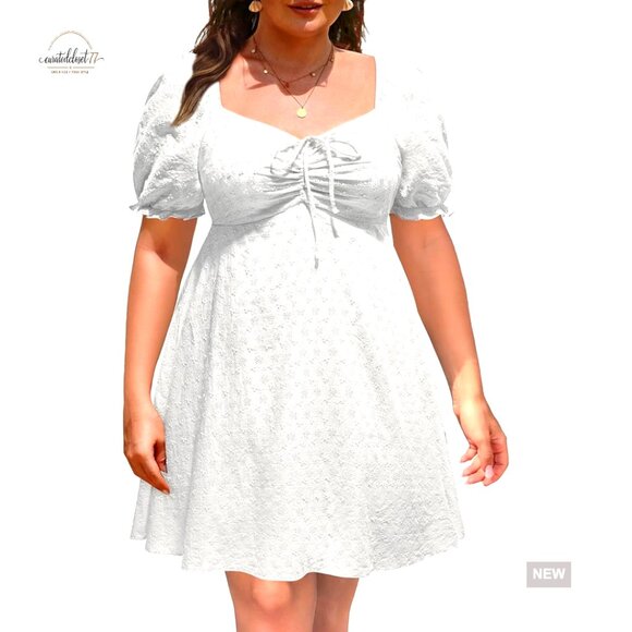 White Eyelet Puff Sleeve Mini Dress with Smocked Back and Sweetheart Neckline